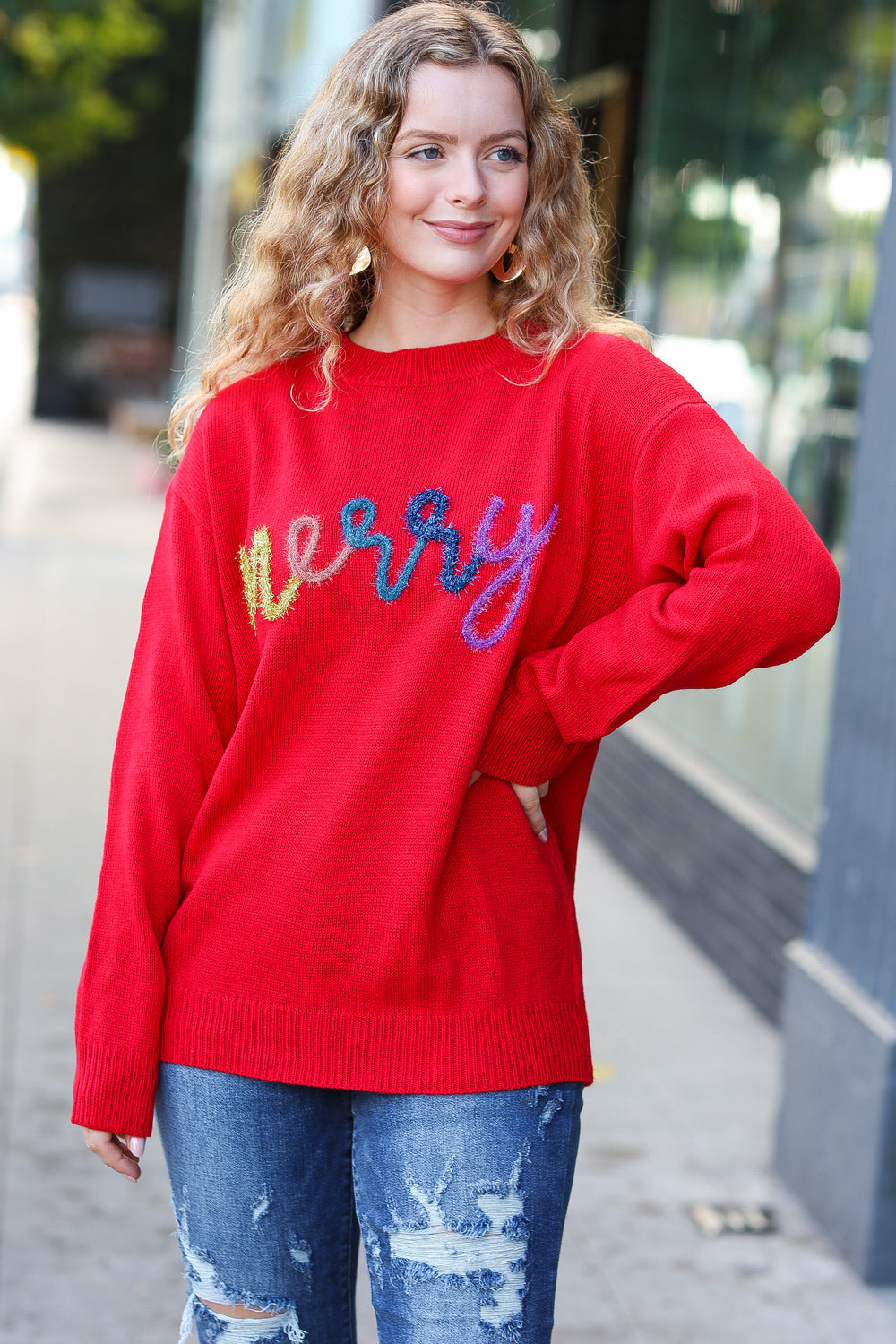 Red Merry Pop Up Lurex Sweater