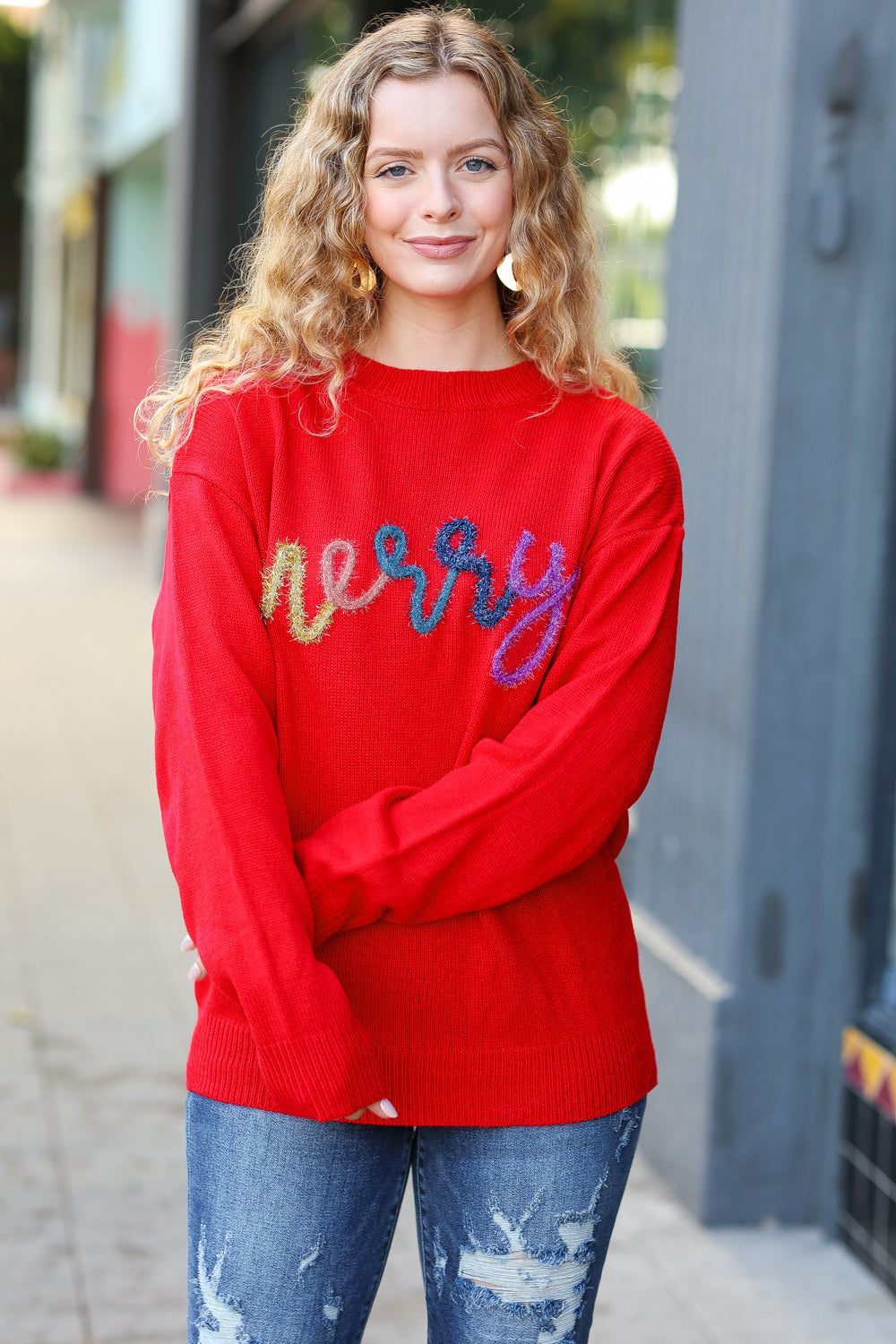 Merry Red Pop Up Embroidery Lurex Sweater