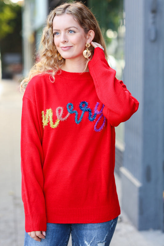 Merry Red Pop Up Embroidery Lurex Sweater