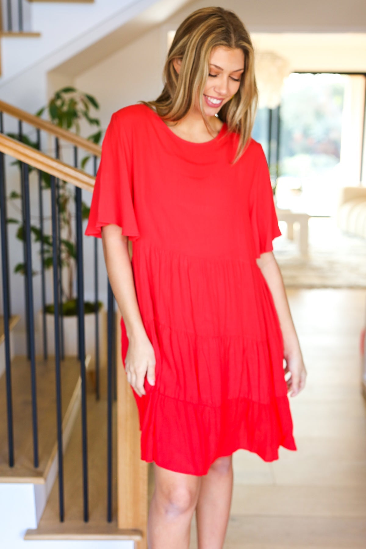 Red Woven Panel Tiered Flutter Sleeve Dress