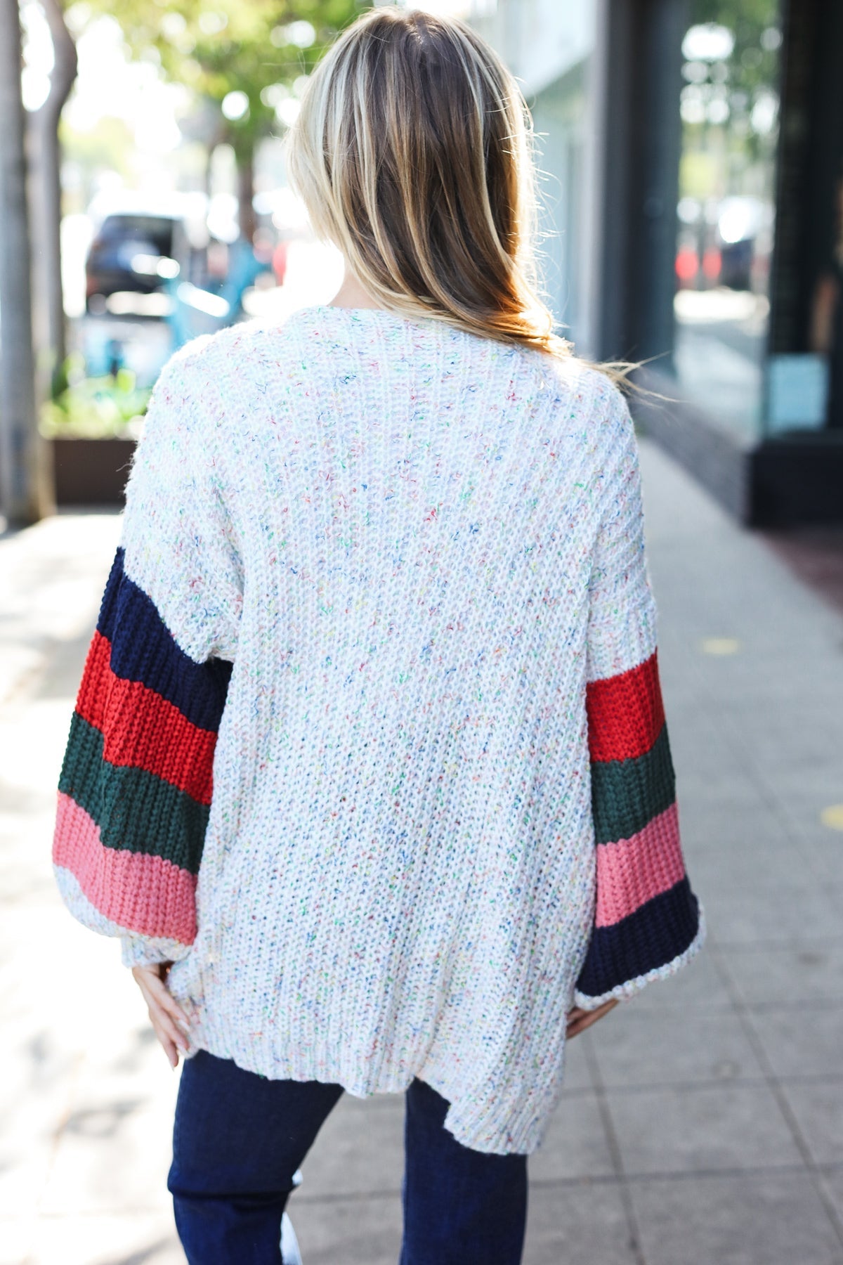 Ivory Multicolor Mixed Thread Bubble Sleeve Cardigan