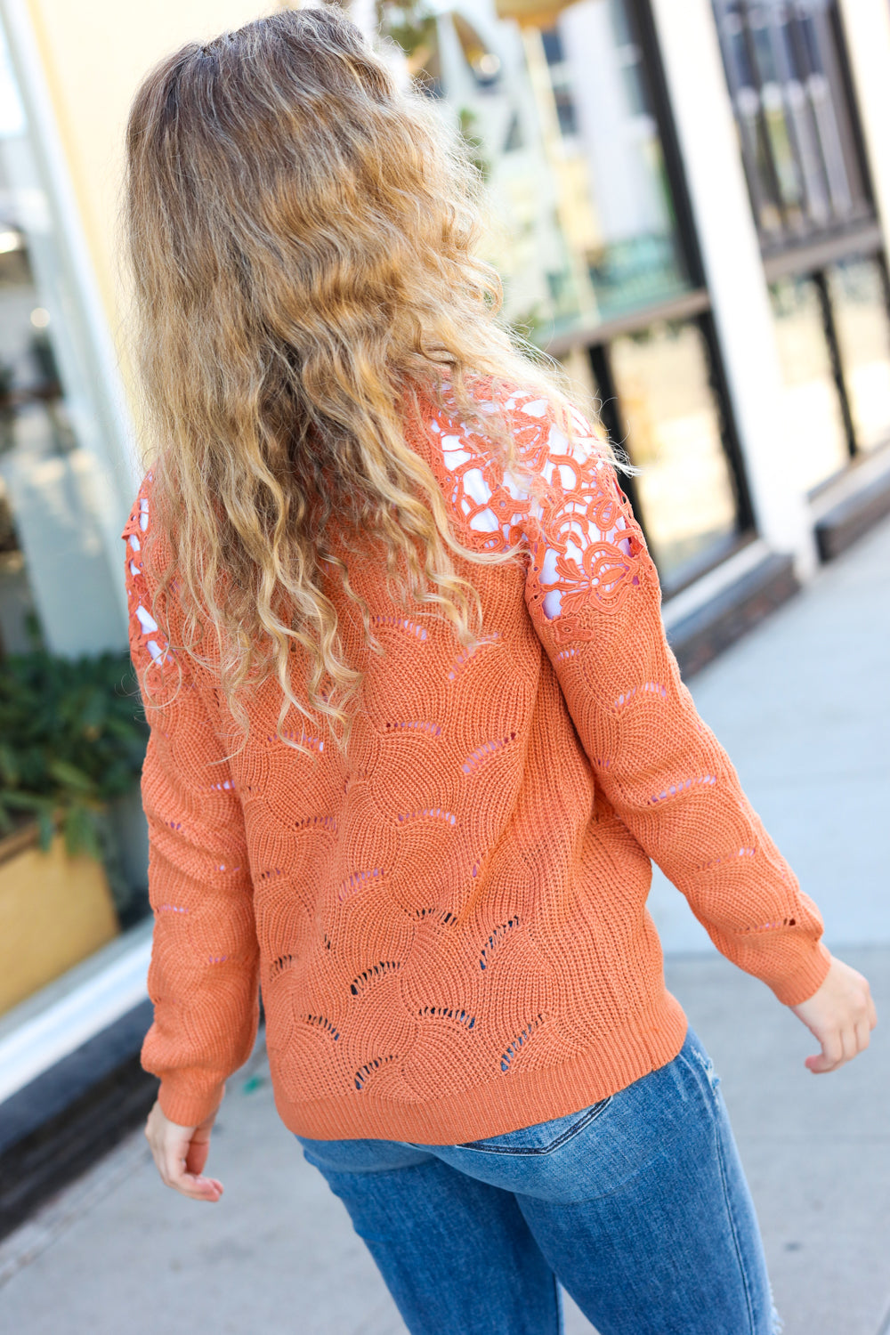 Peach Pointelle Shoulder Lace Sweater