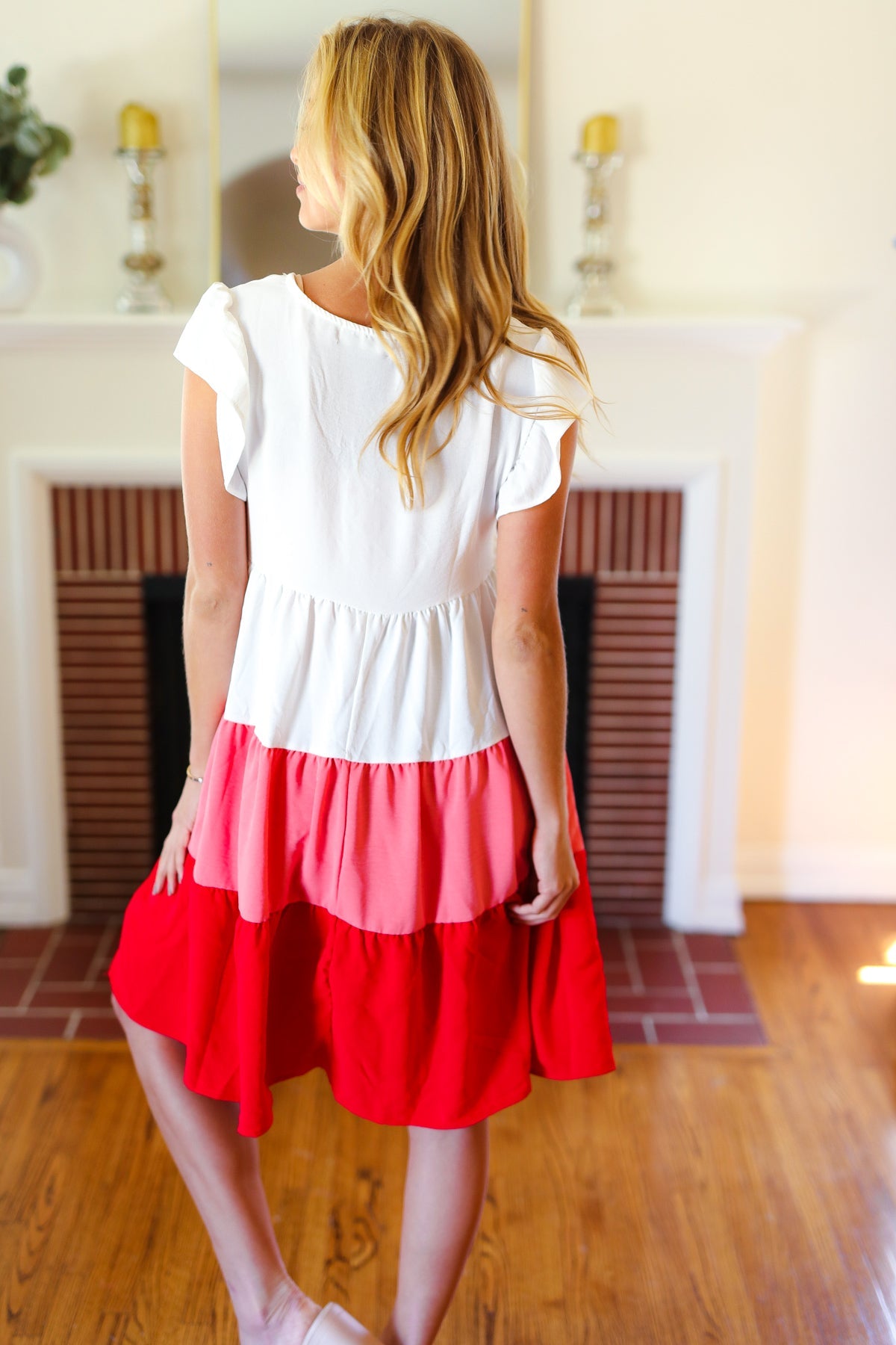 Peach & Cherry Red Tiered Frill Sleeve Dress