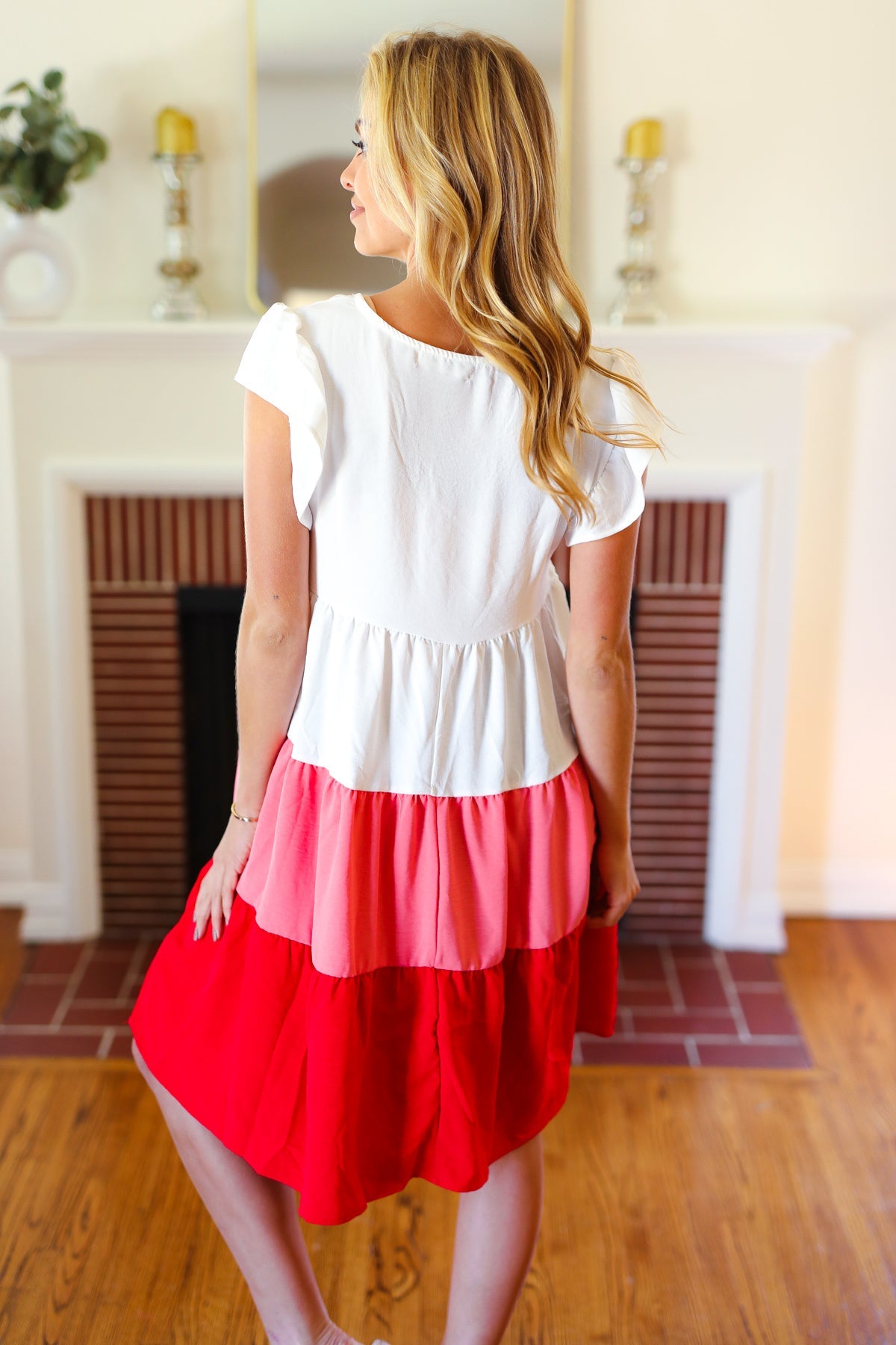 Peach & Cherry Red Tiered Frill Sleeve Dress