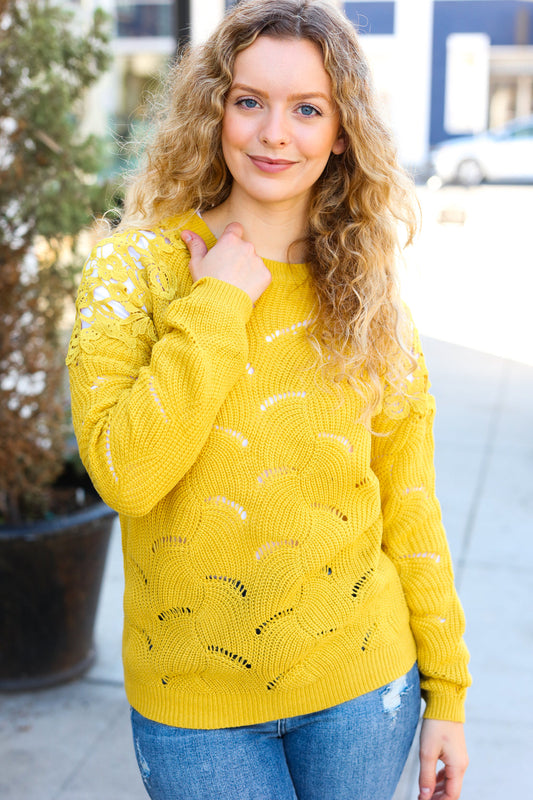 Mustard Pointelle Lace Shoulder Knit Sweater