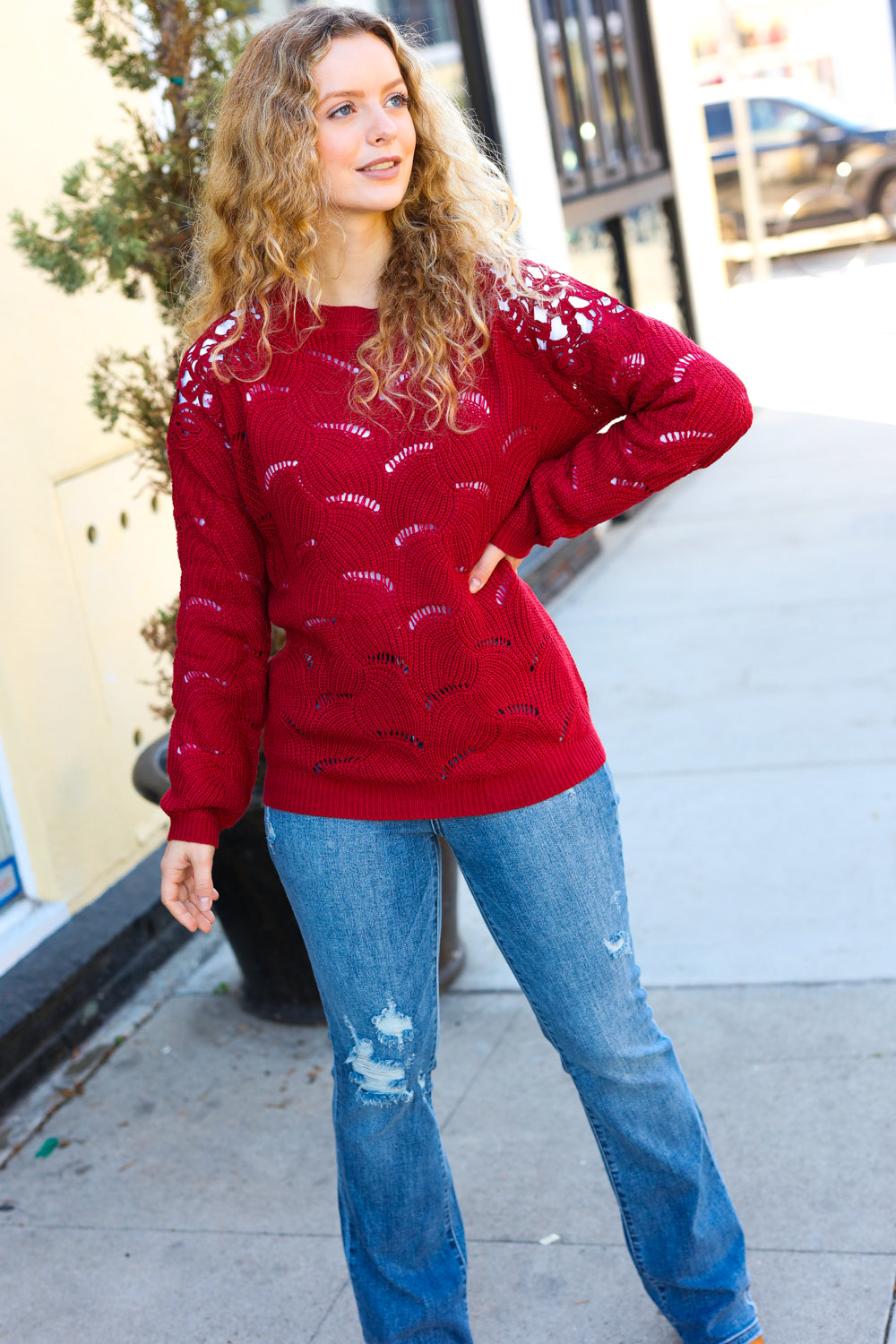 Burgundy Pointelle Lace Shoulder Knit Sweater
