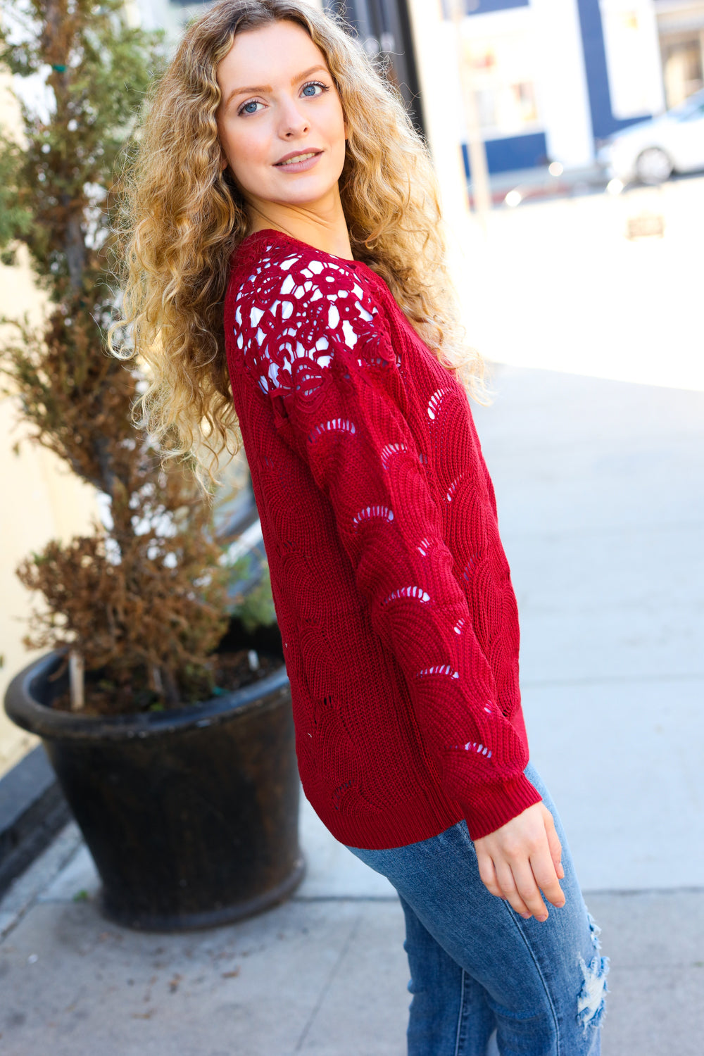 Burgundy Pointelle Lace Shoulder Knit Sweater