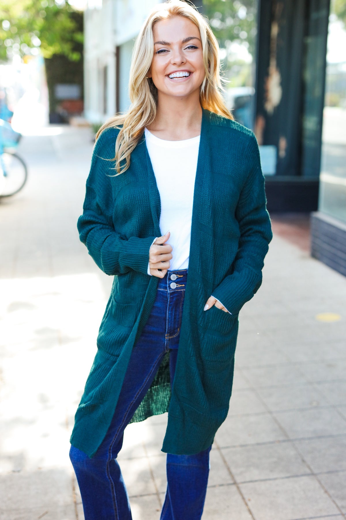 Hunter Green Striped Knit Open Cardigan