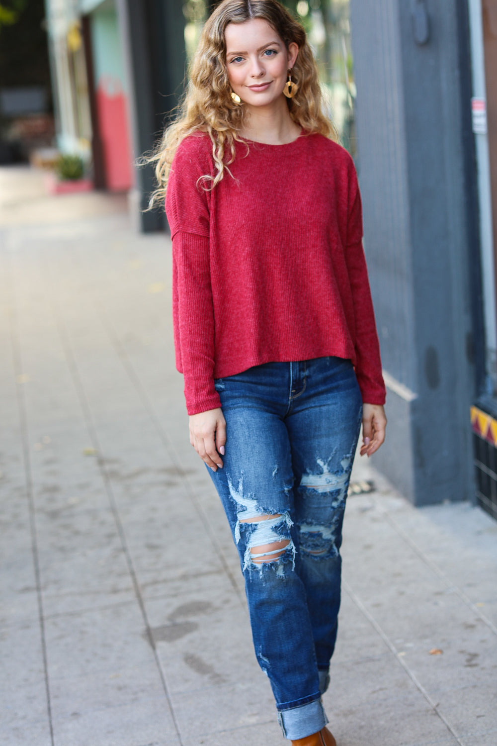 Dark Red Ribbed Dolman Long Sleeve Sweater