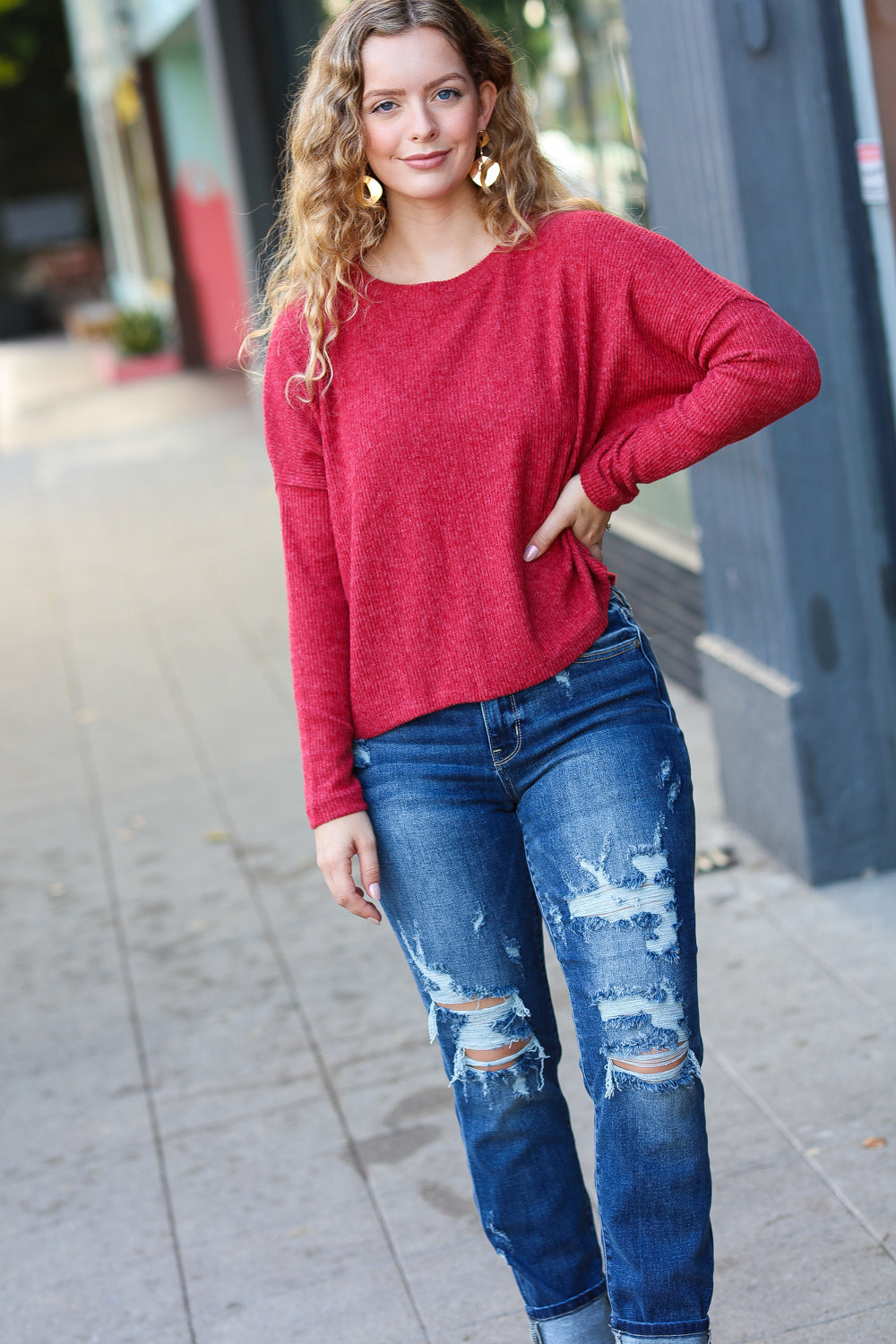 Dark Red Ribbed Dolman Long Sleeve Sweater