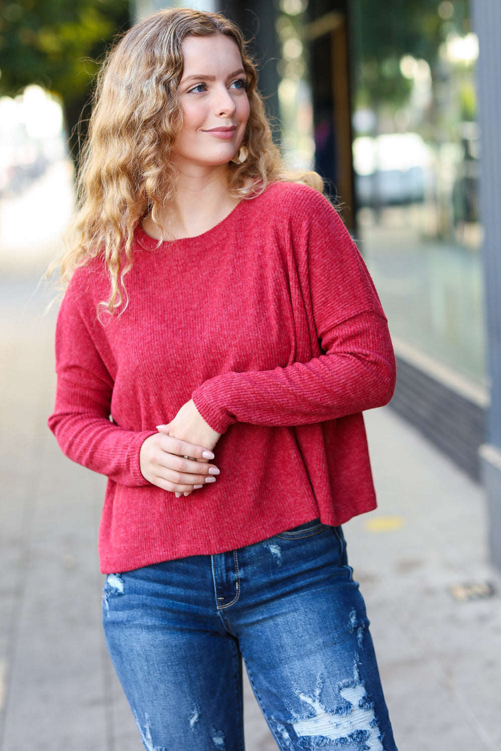 Dark Red Ribbed Dolman Long Sleeve Sweater