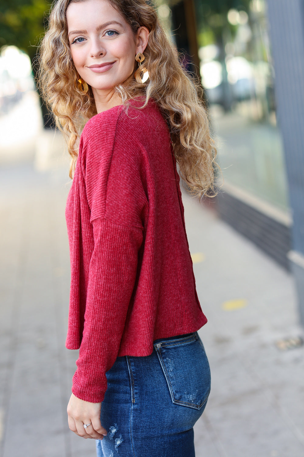 Dark Red Ribbed Dolman Long Sleeve Sweater