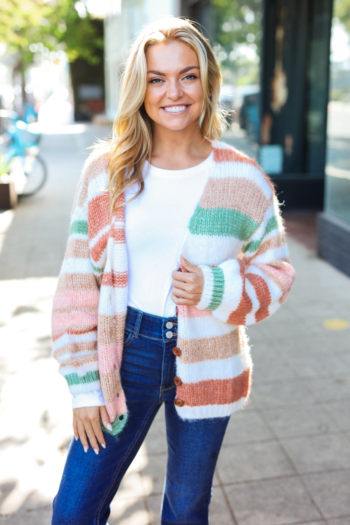 Taupe & Sage Stripe Button Down Cardigan