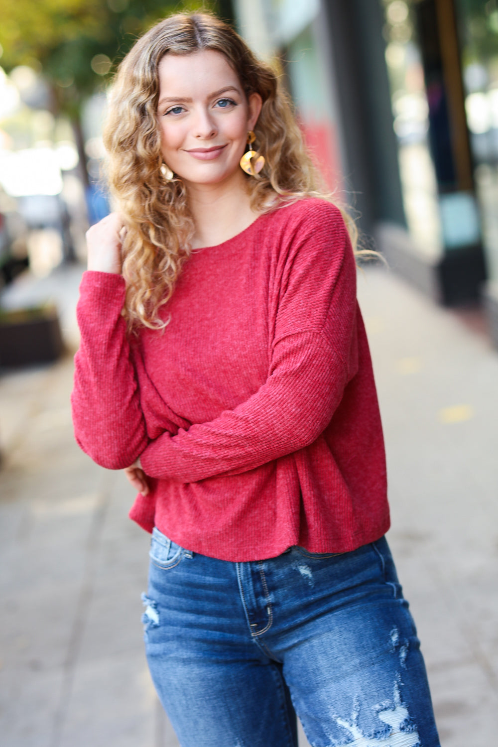 Dark Red Ribbed Dolman Long Sleeve Sweater