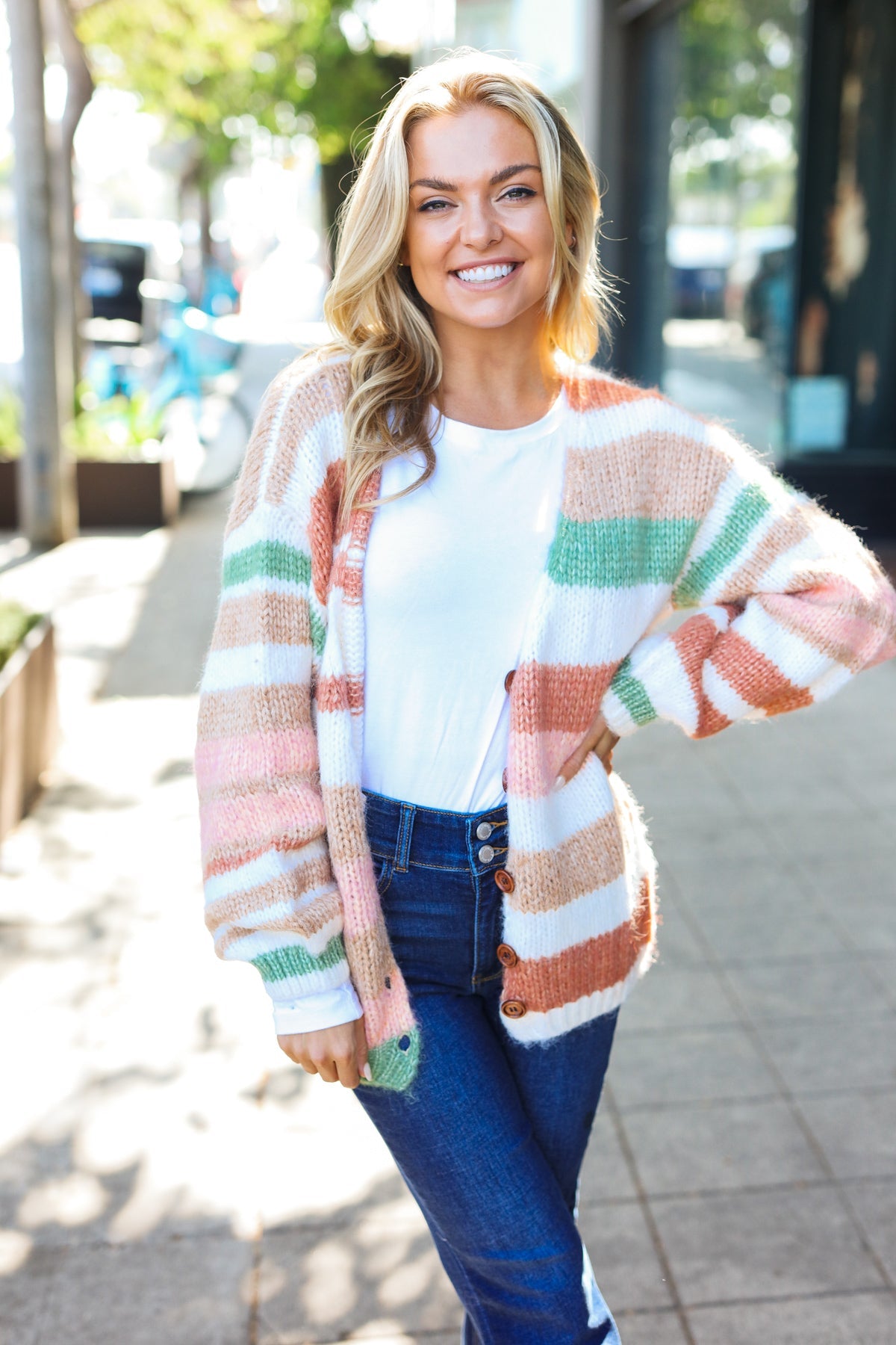 Taupe & Sage Stripe Button Down Cardigan