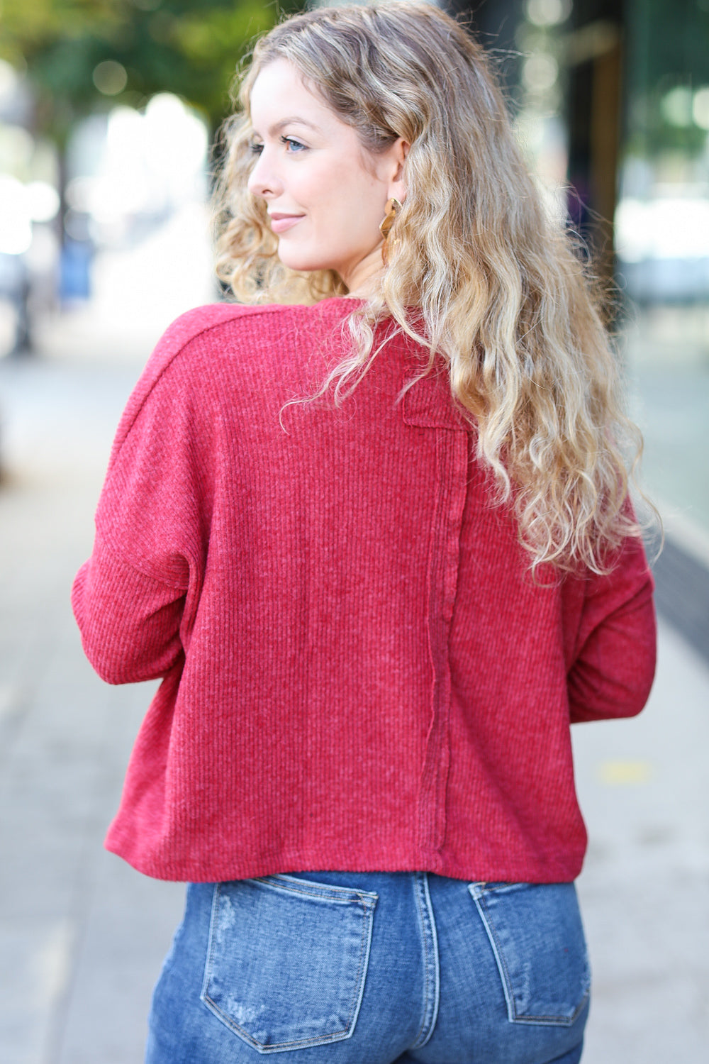 Dark Red Ribbed Dolman Long Sleeve Sweater