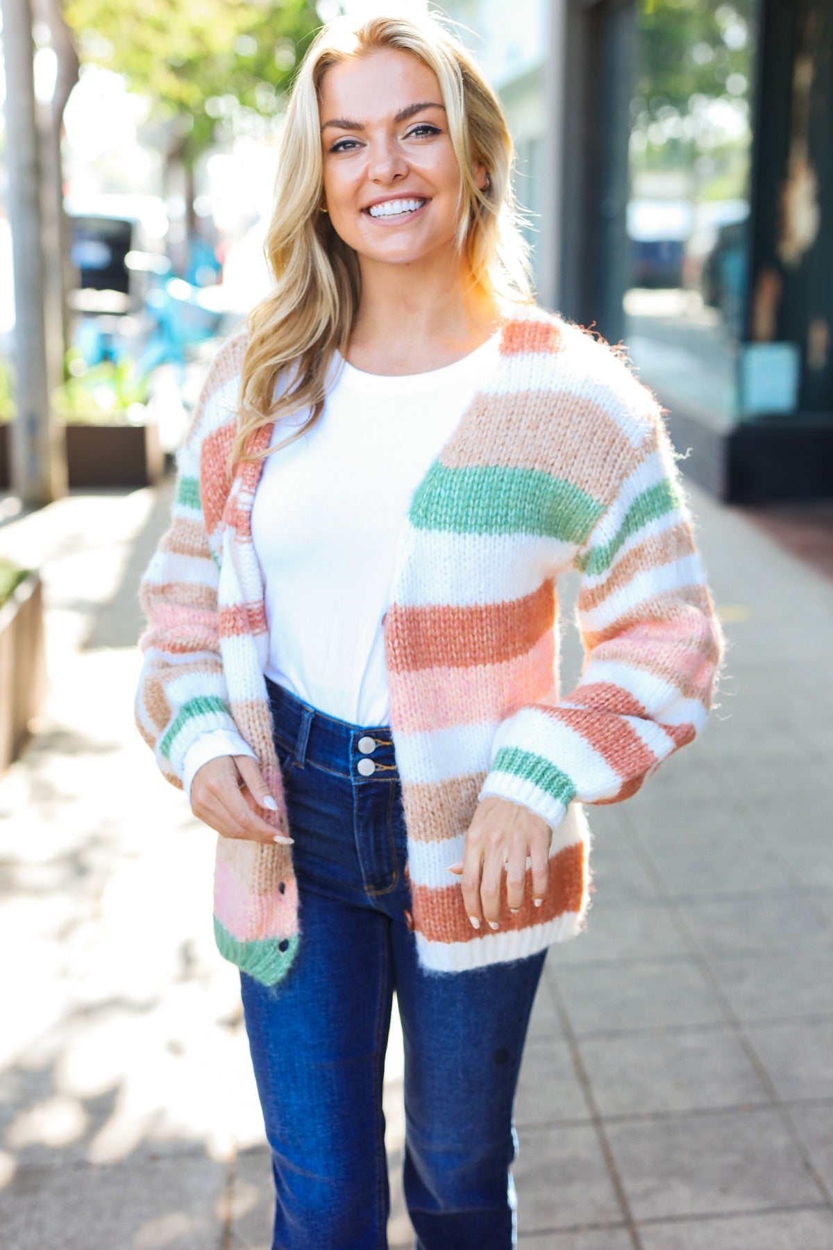 Taupe & Sage Stripe Button Down Cardigan