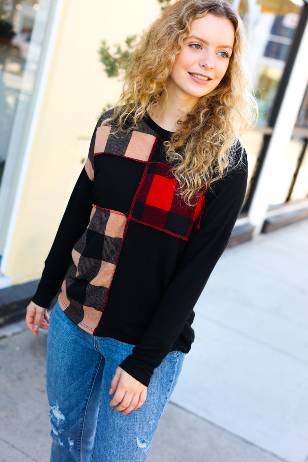Red & Taupe Plaid Color block Outseam Top