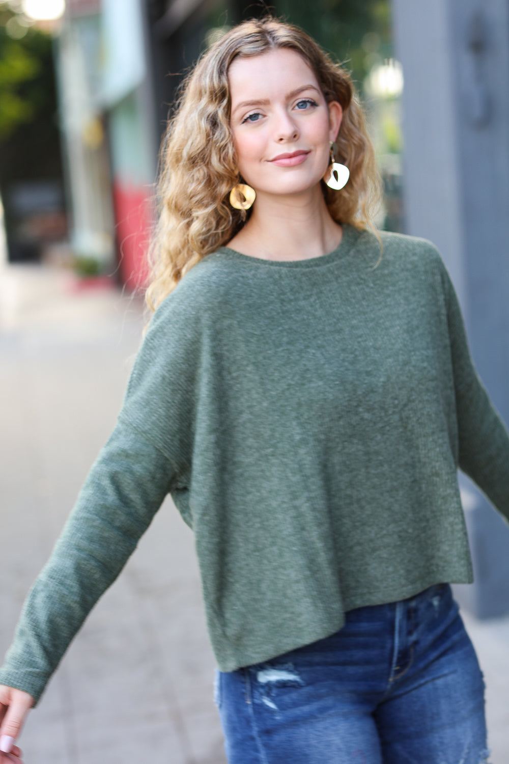 Olive Ribbed Dolman Cropped Sweater