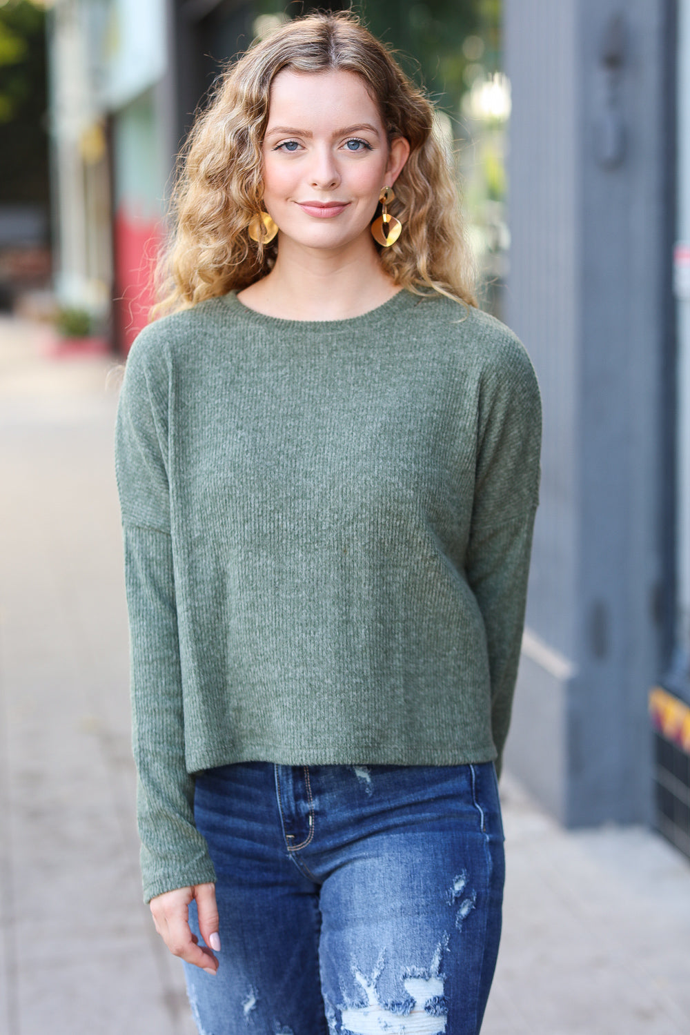 Olive Ribbed Dolman Cropped Sweater