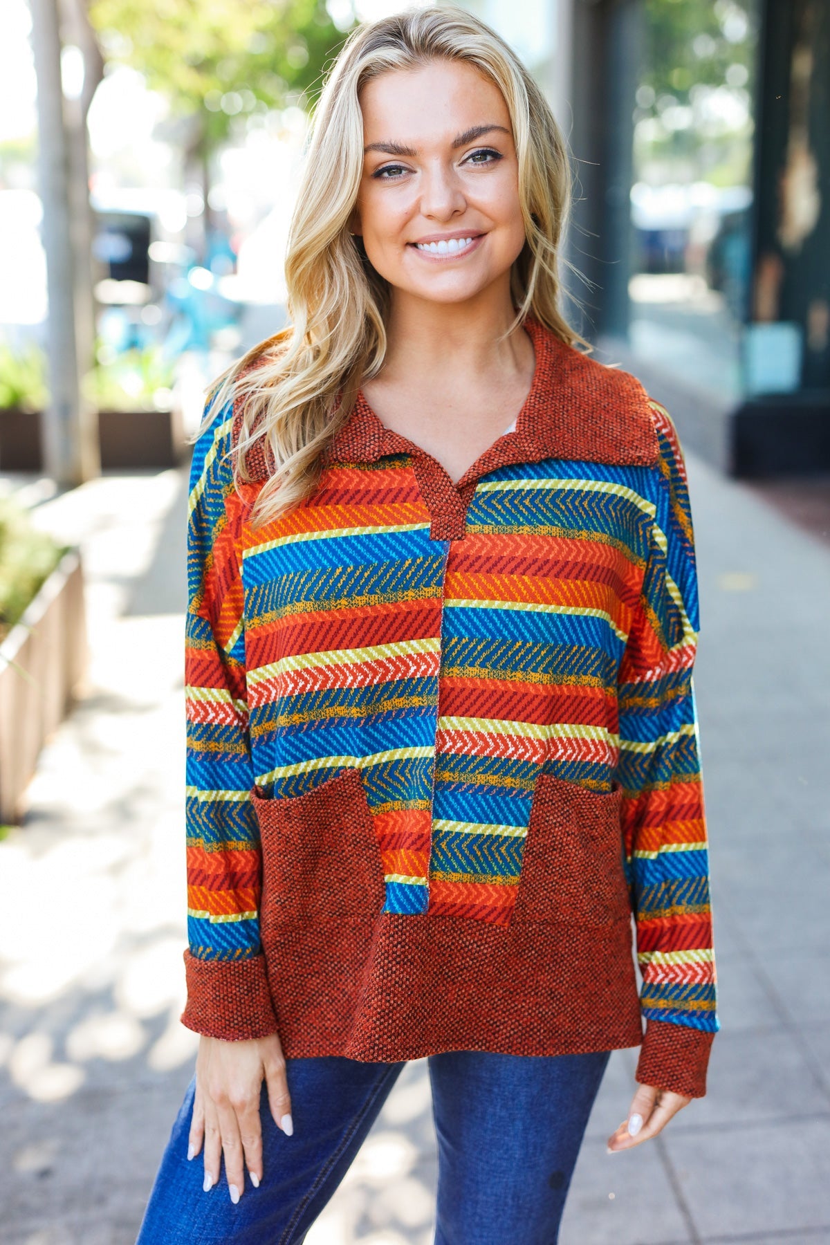 Rust & Teal Striped Two Tone Knit Pocketed Top