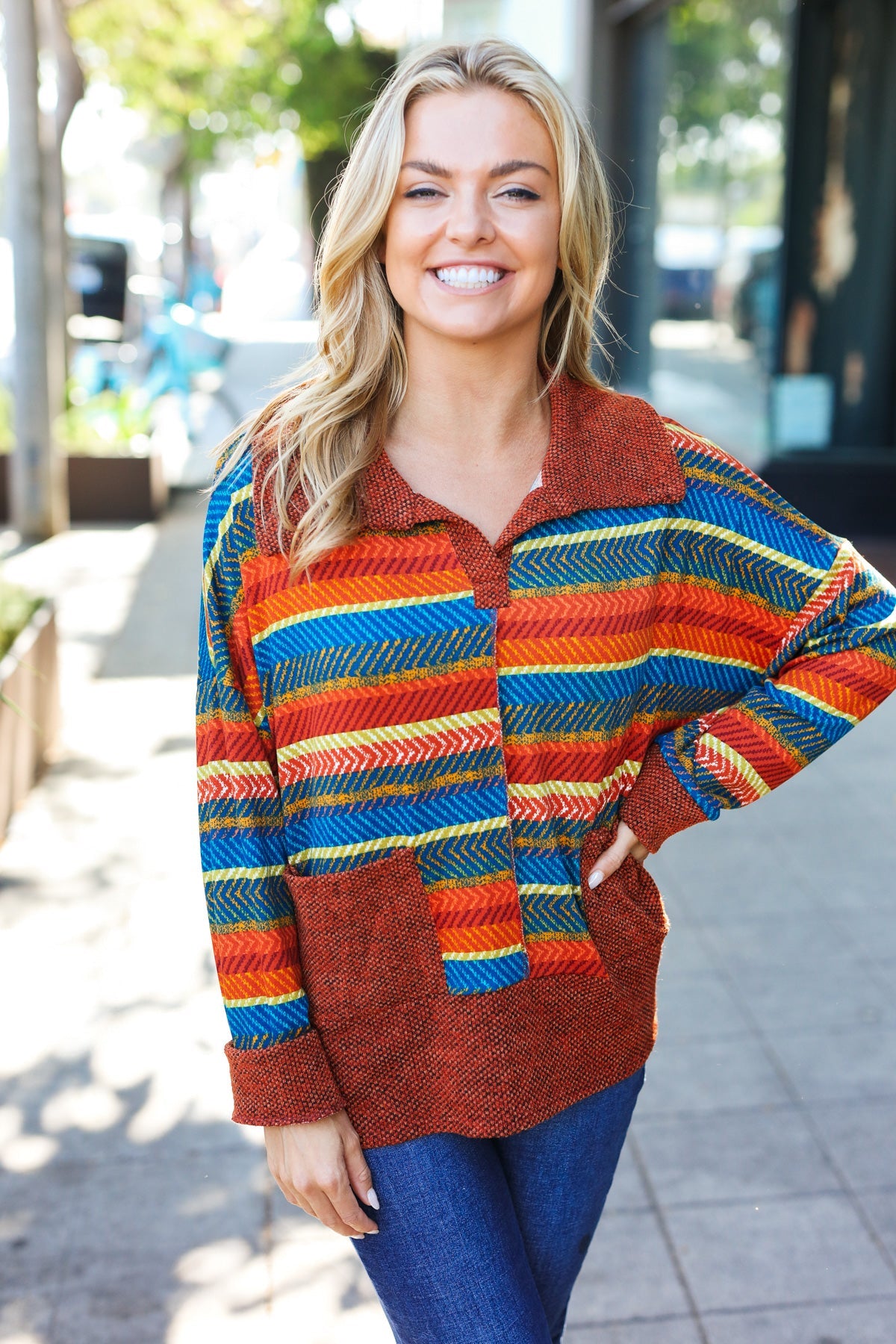 Rust & Teal Striped Two Tone Knit Pocketed Top