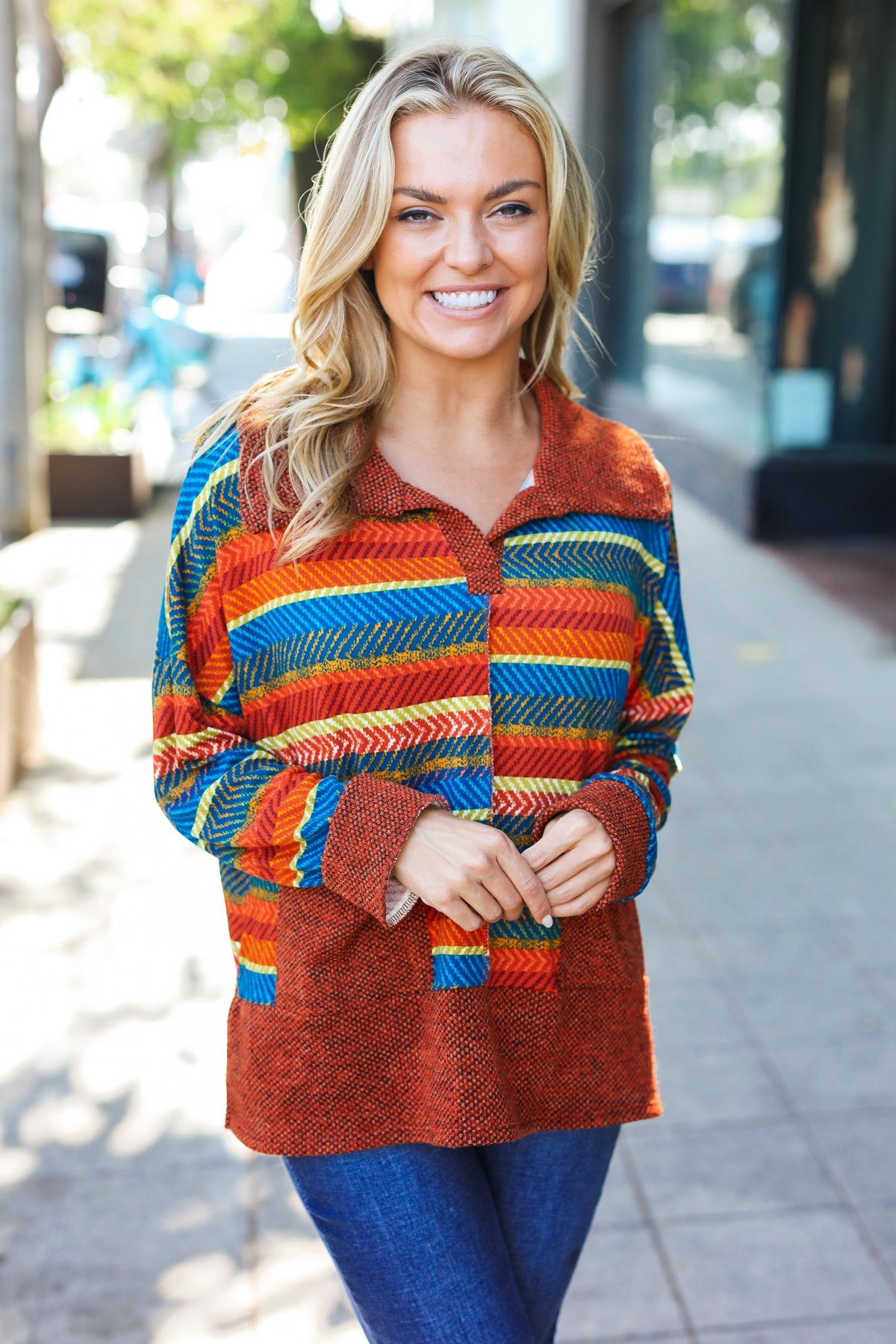 Rust & Teal Striped Two Tone Knit Pocketed Top