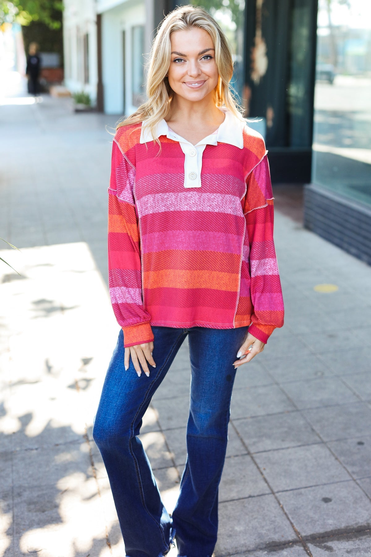 Magenta Striped Button Down Placket Collared Top