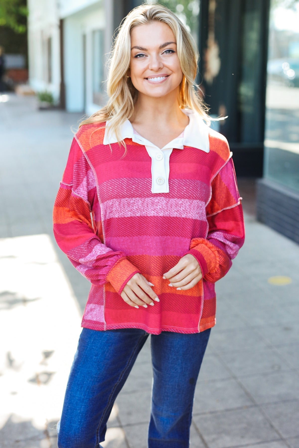 Magenta Striped Button Down Placket Collared Top