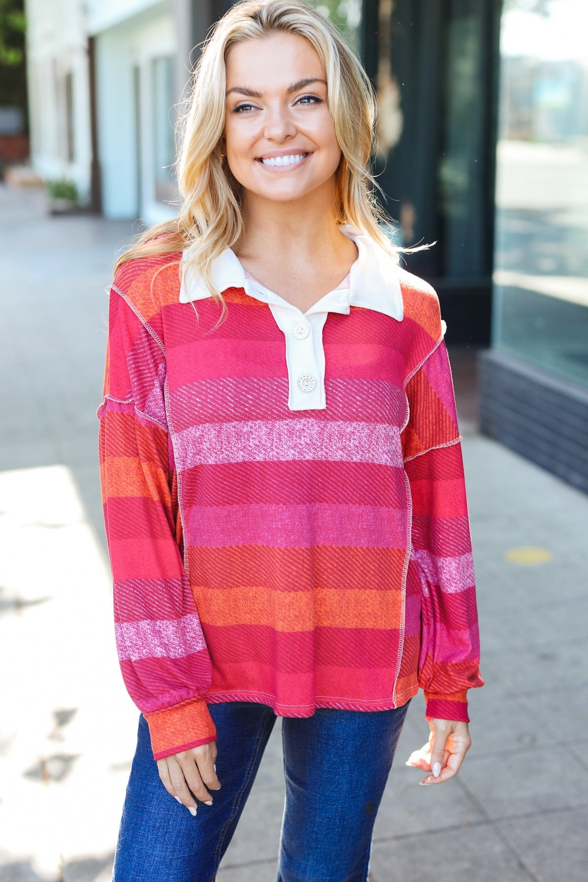 Magenta Striped Button Down Placket Collared Top