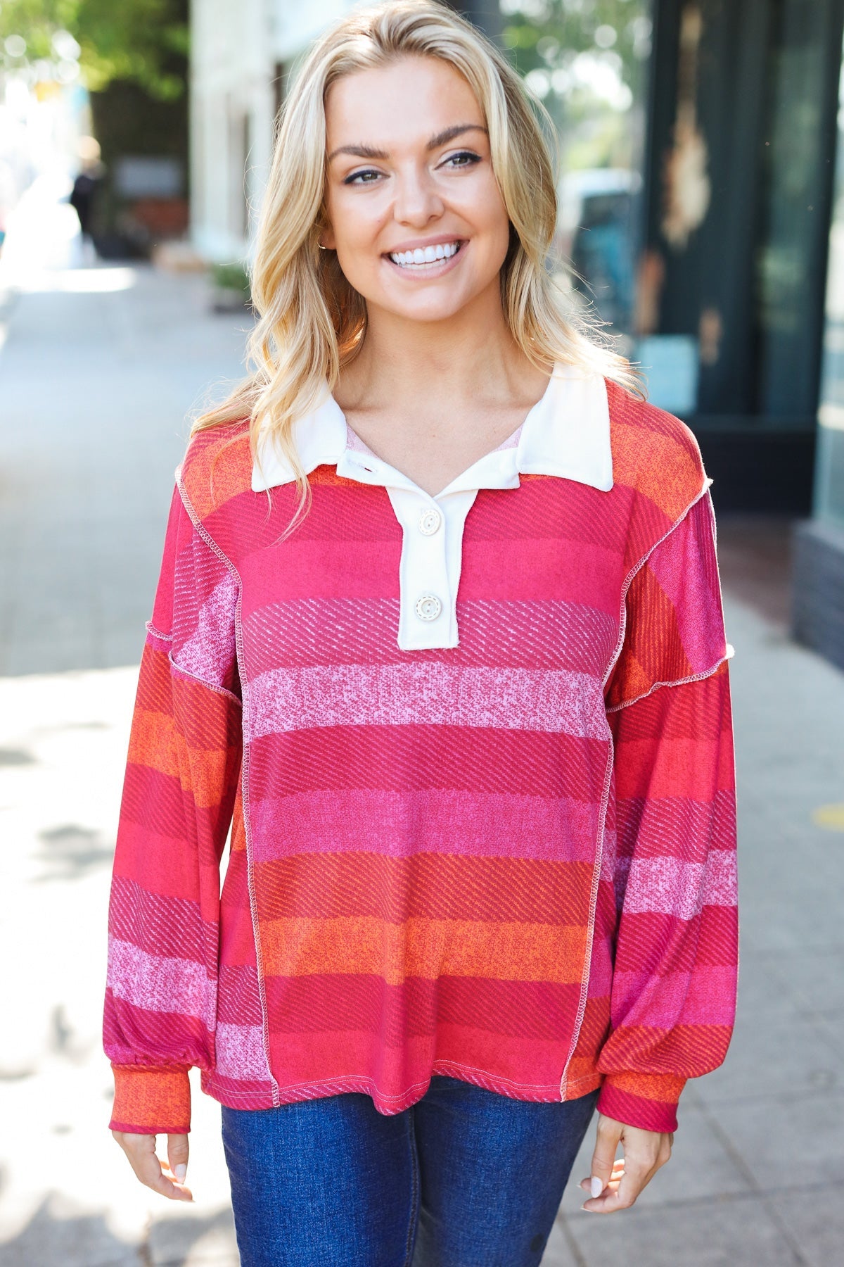 Magenta Striped Button Down Placket Collared Top