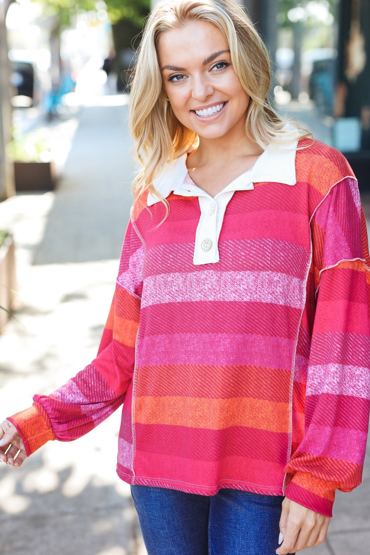 Magenta Striped Button Down Placket Collared Top