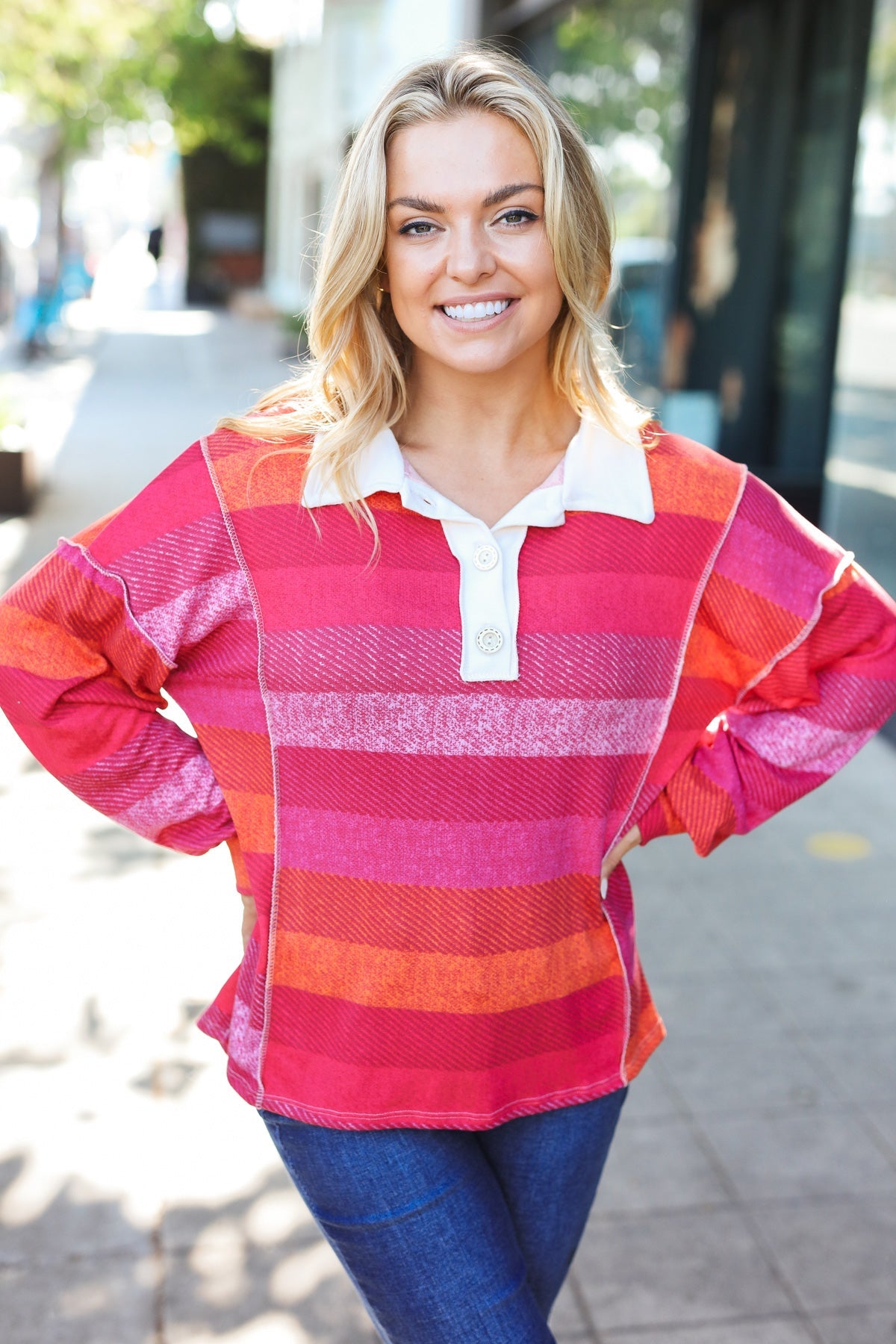 Magenta Striped Button Down Placket Collared Top