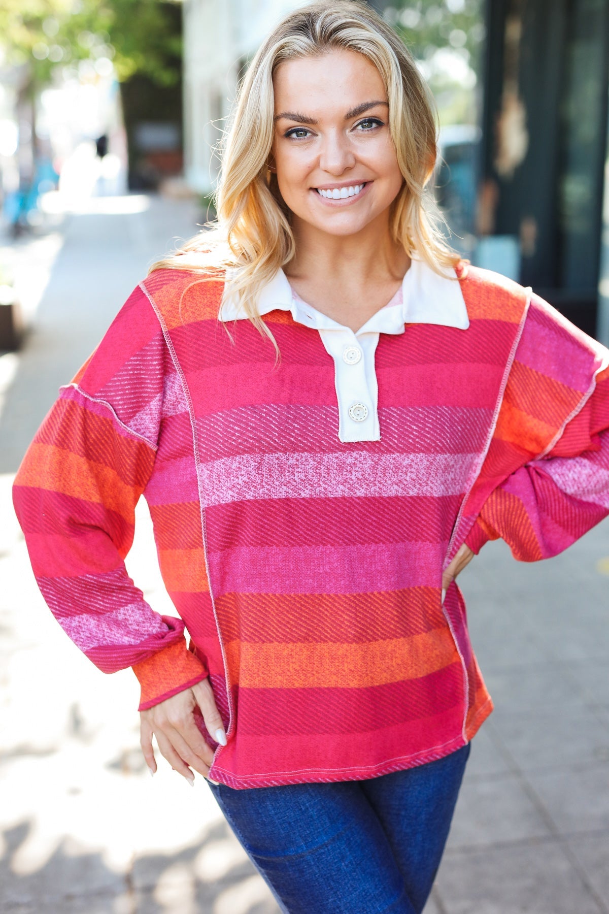 Magenta Striped Button Down Placket Collared Top