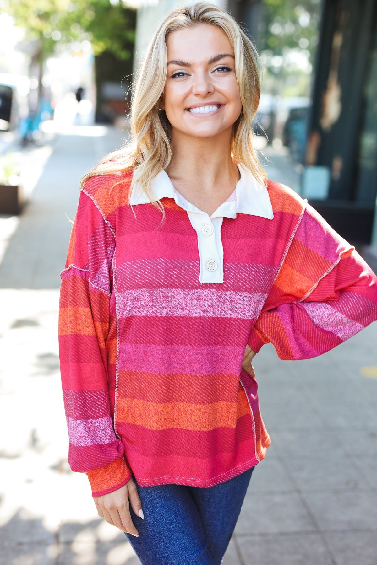 Magenta Striped Button Down Placket Collared Top