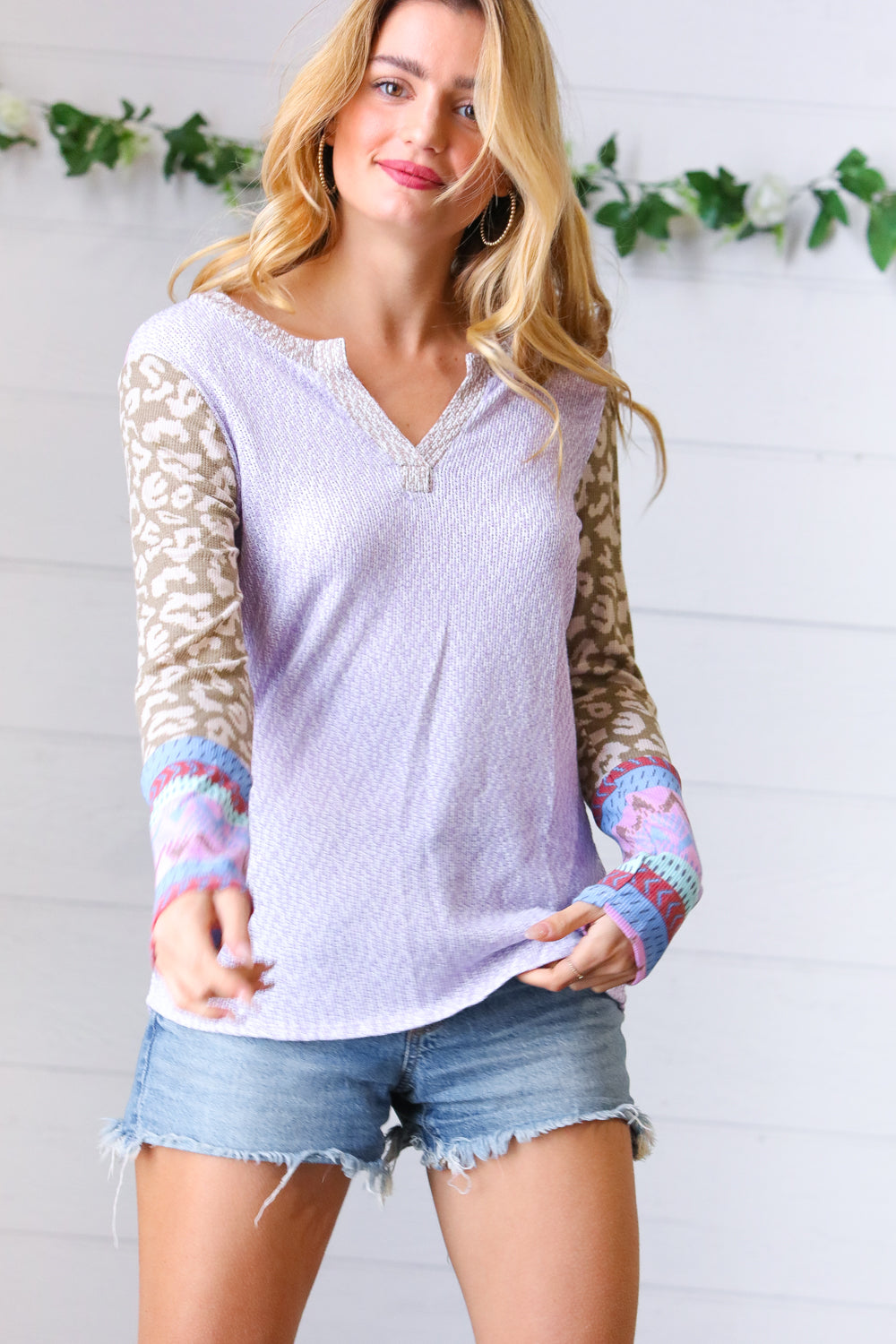 FINAL SALE - Lilac Animal Aztec Sleeve Notch V Neck Top - Size M