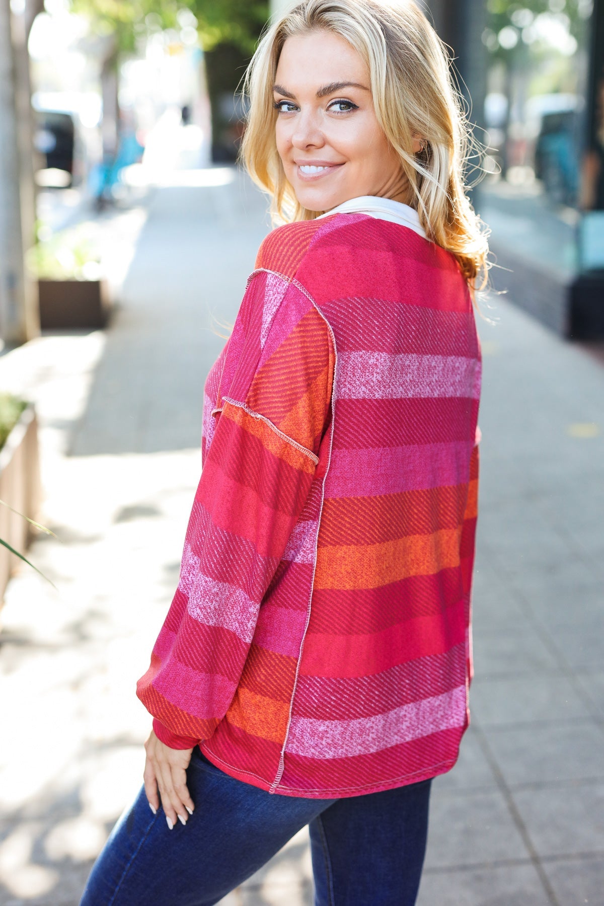 Magenta Striped Button Down Placket Collared Top