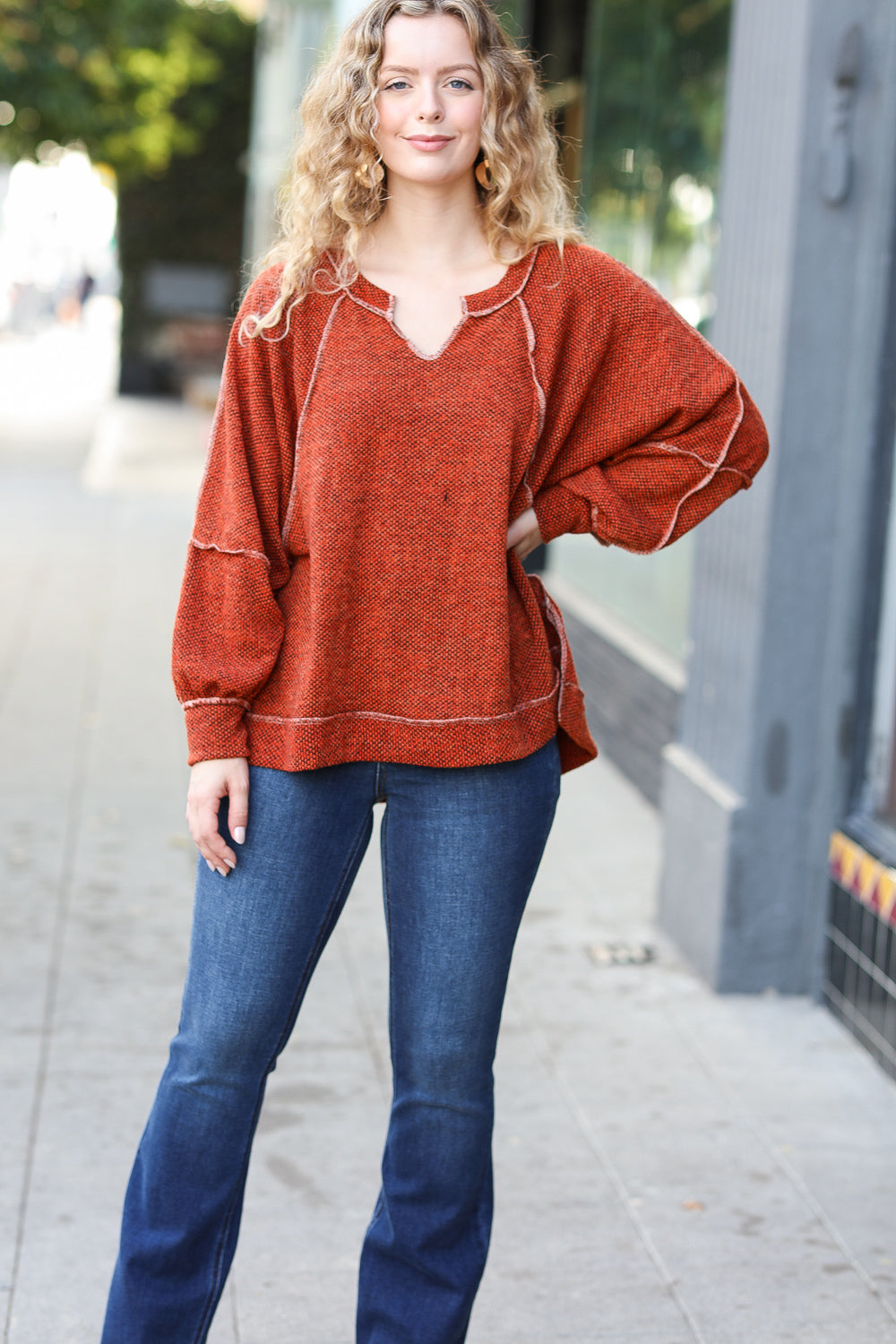 Rust Two Tone Knit Notched Raglan Top