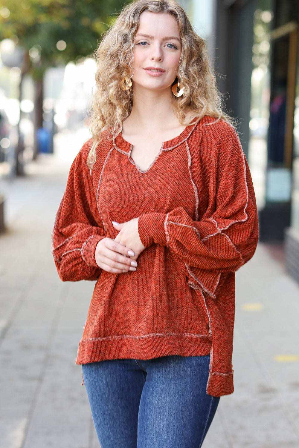 Rust Two Tone Knit Notched Raglan Top