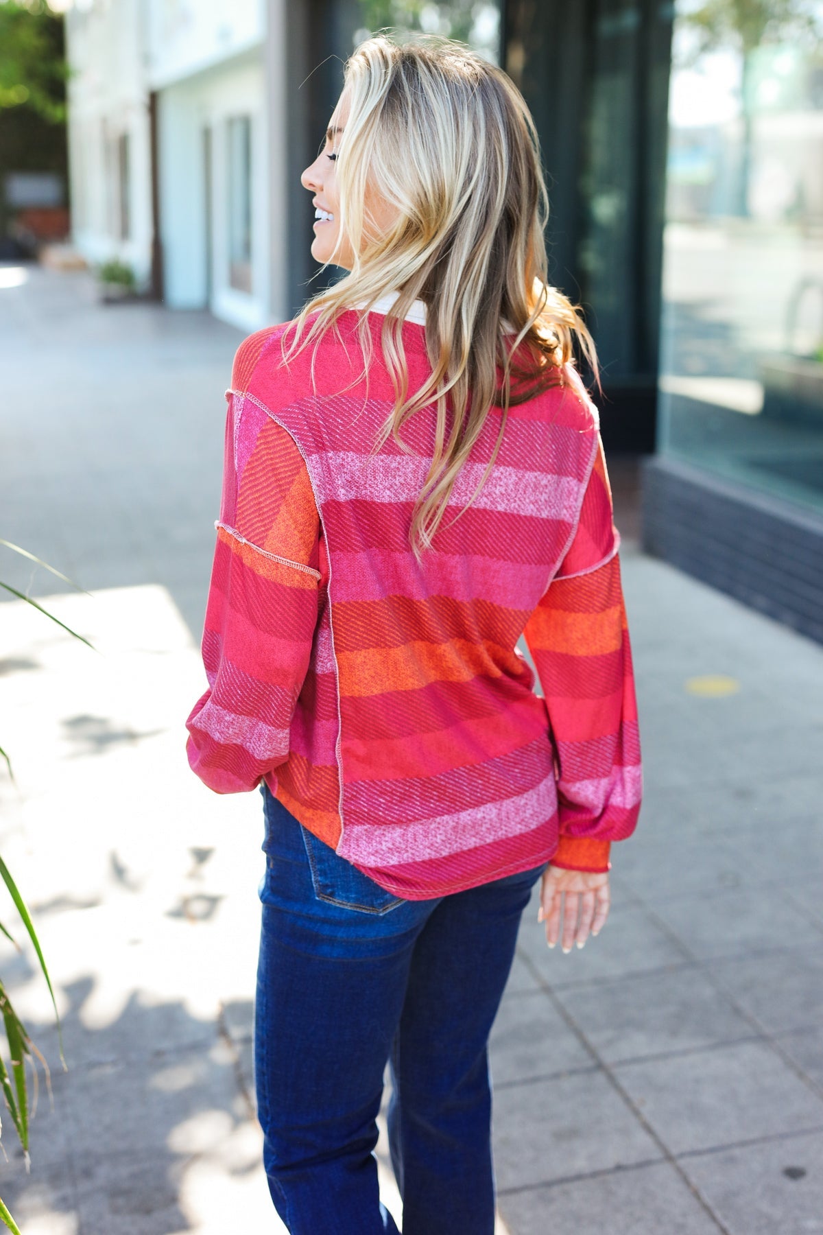 Magenta Striped Button Down Placket Collared Top