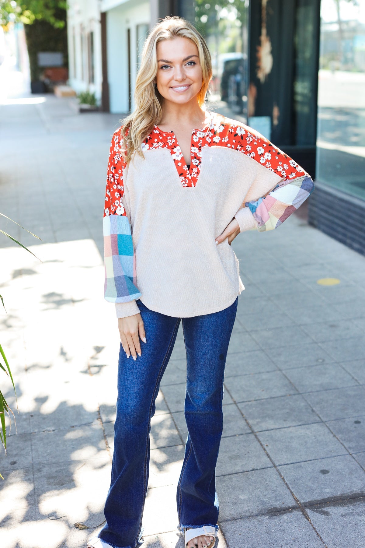 Rust & Oatmeal Plaid Floral Color Block Notch Neck Top