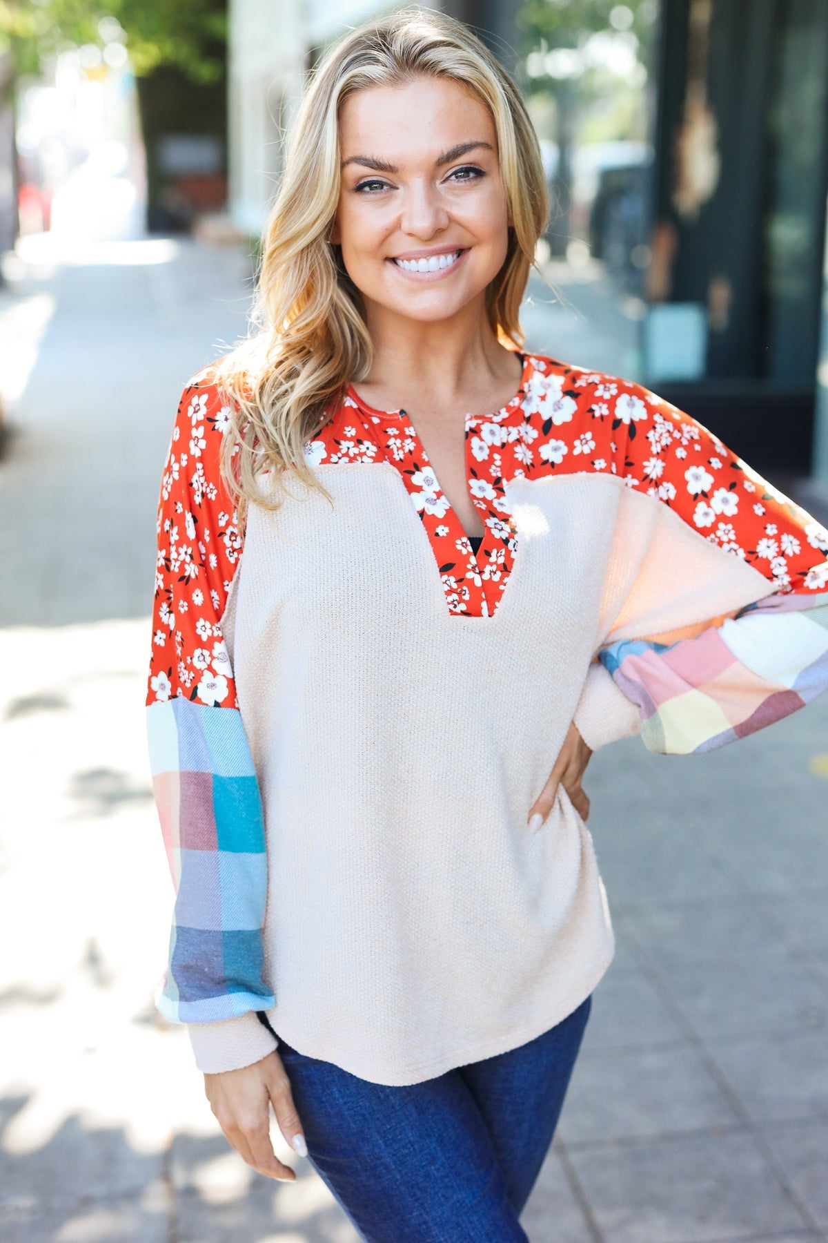 Rust & Oatmeal Plaid Floral Color Block Notch Neck Top