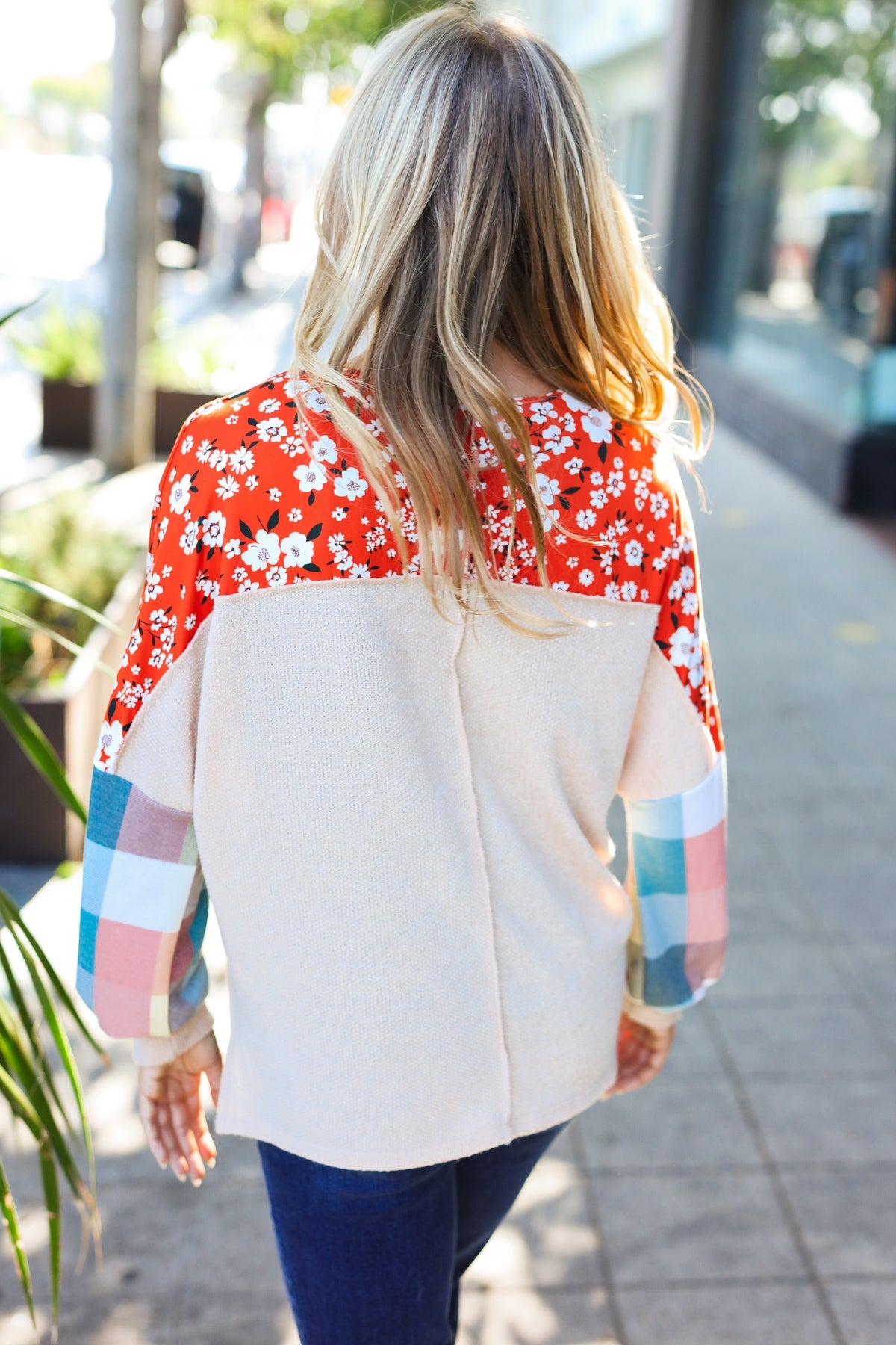 Rust & Oatmeal Plaid Floral Color Block Notch Neck Top