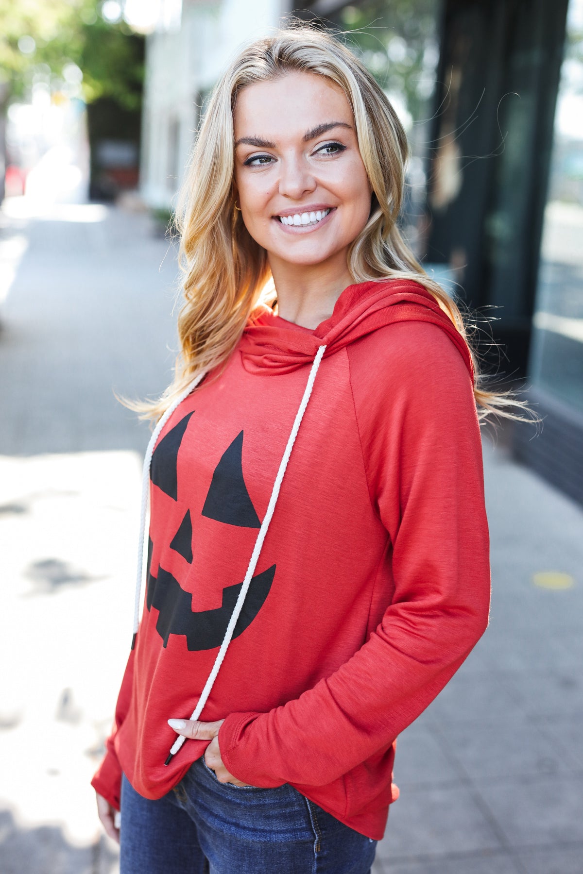 Orange Jack-O-Lantern French Terry Thumb Hole Double Hoodie