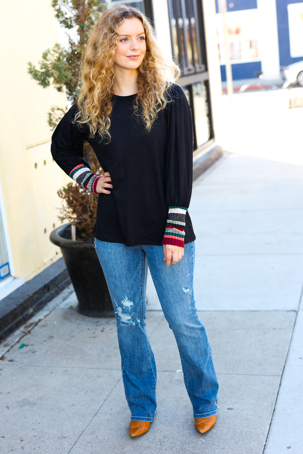 Black Multicolor Stripe Puff Sleeve Knit Top