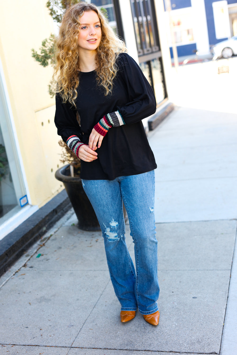 Black Multicolor Stripe Puff Sleeve Knit Top