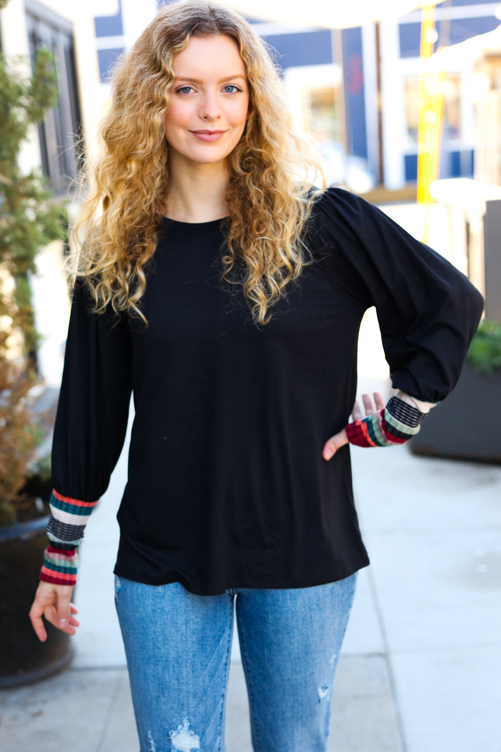 Black Multicolor Stripe Puff Sleeve Knit Top