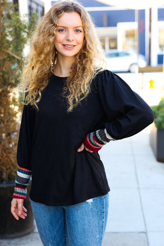 Black Multicolor Stripe Puff Sleeve Knit Top