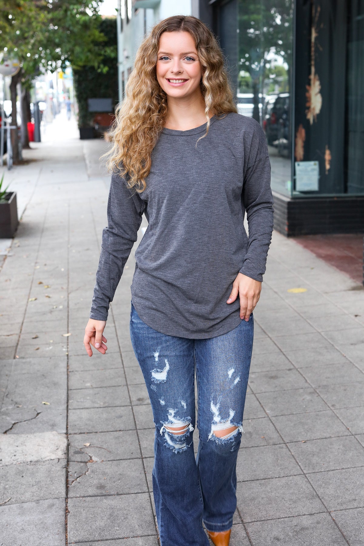 Grey Fitted Long Sleeve Terry Top