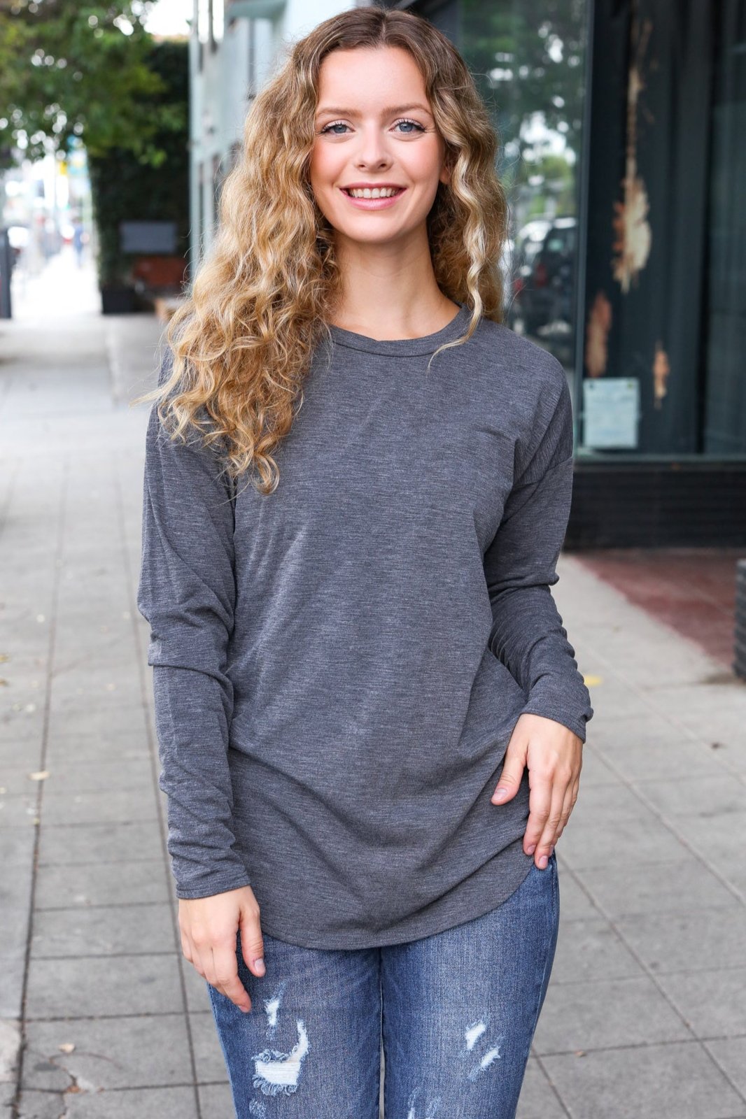 Grey Fitted Long Sleeve Terry Top